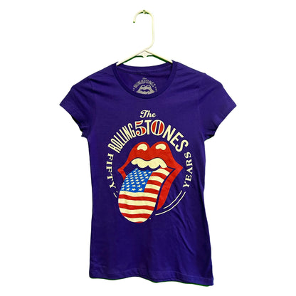 Official Rolling Stones ‘Fifty Years’ Anniversary 2013 American Flag Logo Shirt Women’s SM | Local Legends Cards & Collectibles