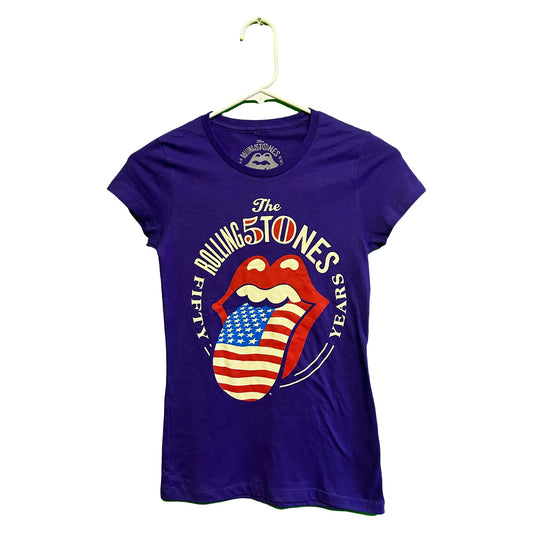 Official Rolling Stones ‘Fifty Years’ Anniversary 2013 American Flag Logo Shirt Women’s SM | Local Legends Cards & Collectibles