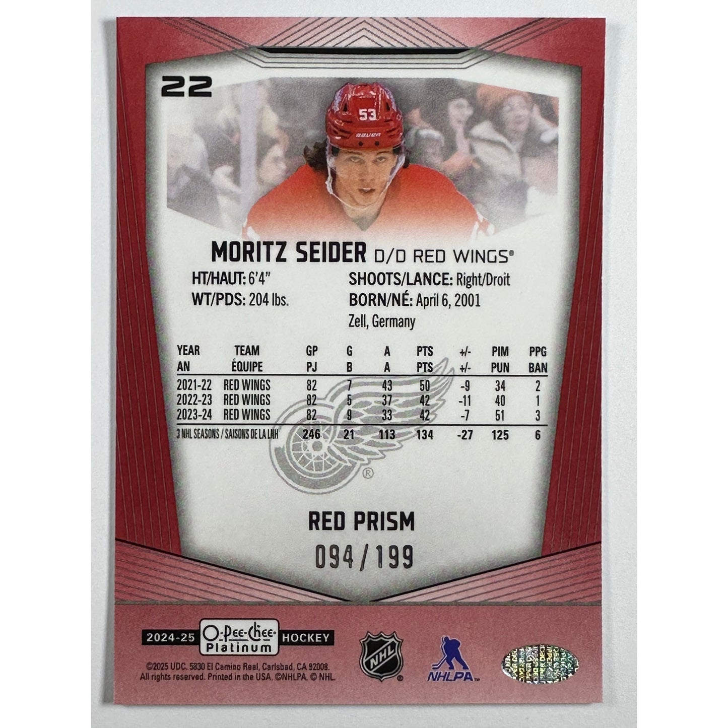 2024-25 O-Pee-Chee Platinum Moritz Seider Red Prism /199