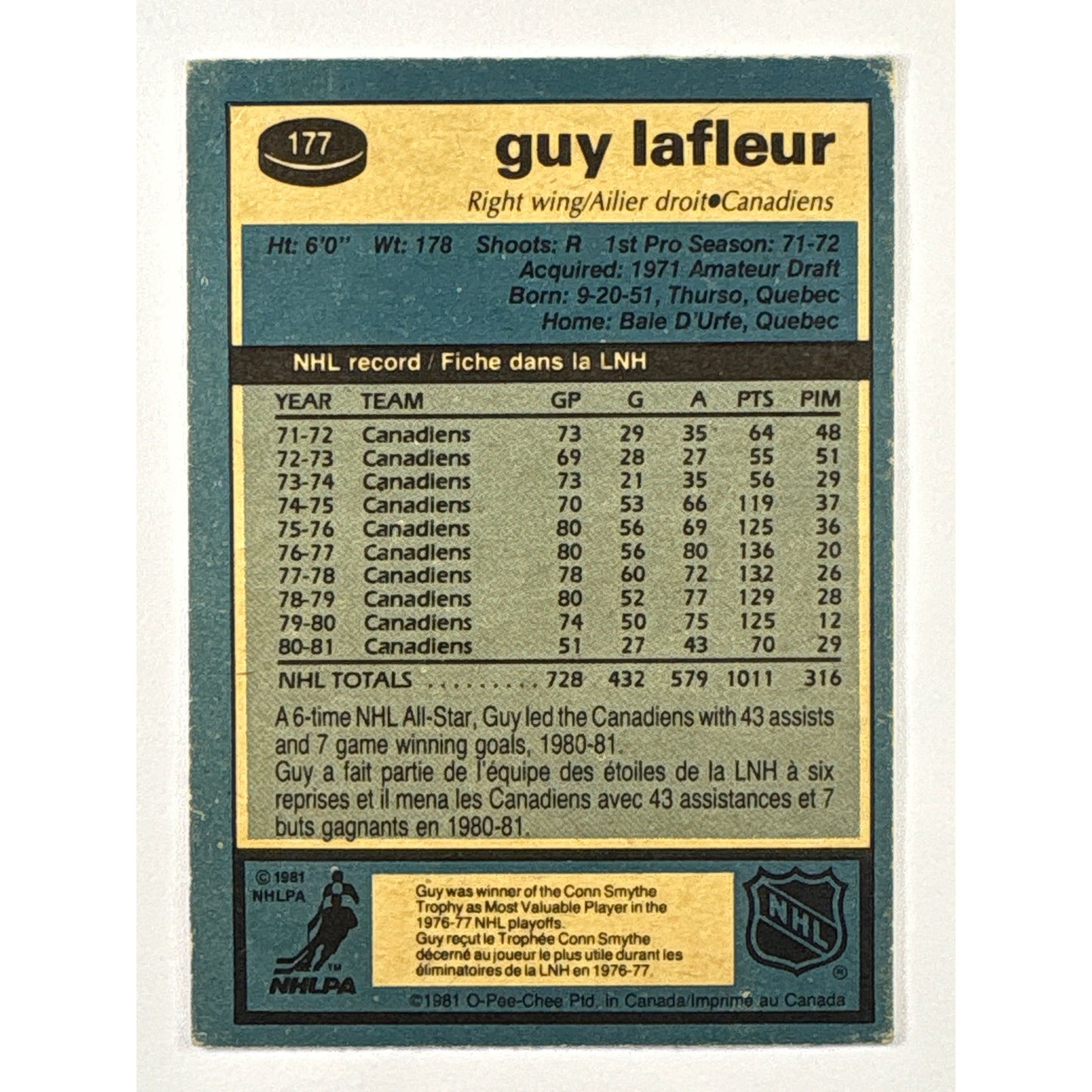 1981-82 O-Pee-Chee Guy Lafleur #177 | Local Legends Cards & Collectibles