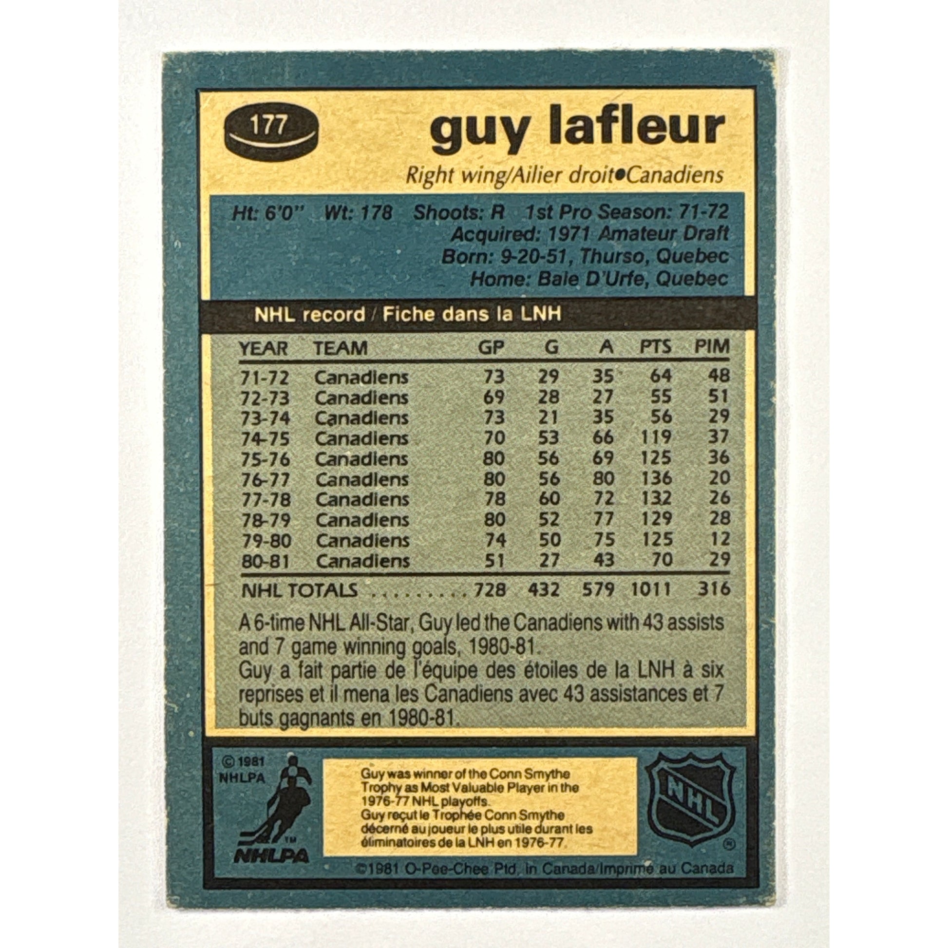1981-82 O-Pee-Chee Guy Lafleur #177 | Local Legends Cards & Collectibles