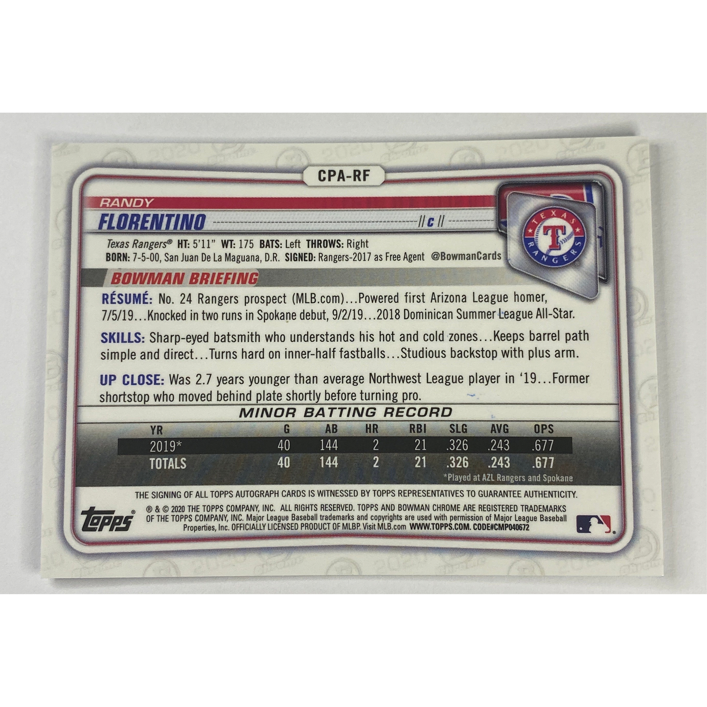 2020-21 Topps Bowman 1st Chrome Randy Florentino Auto