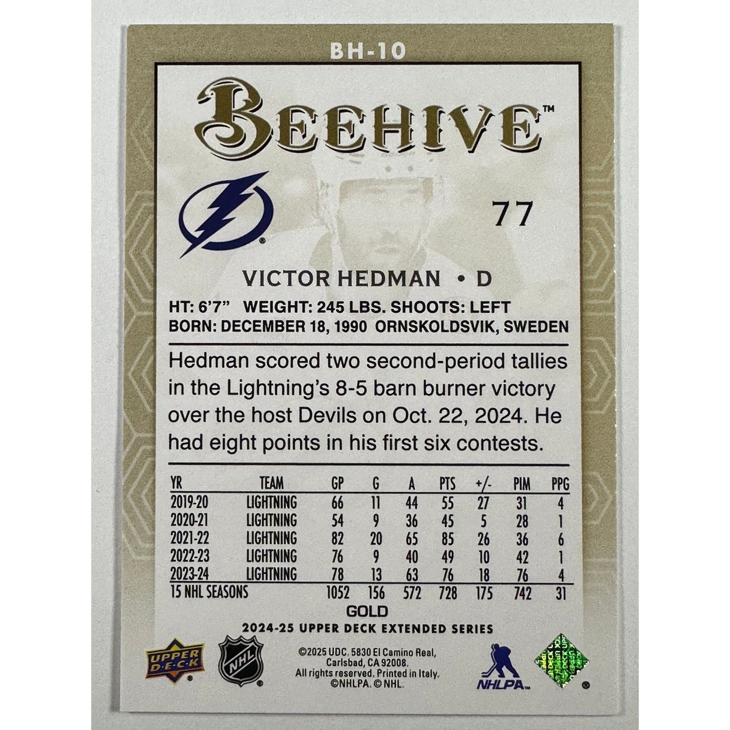 2024-25 Upper DeckExtended Series Victor Hedman Bee Hive Gold Foil