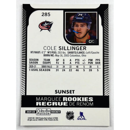 2021-22 O-Pee-Chee Platinum Cole Sillinger Marquee Rookies Sunset