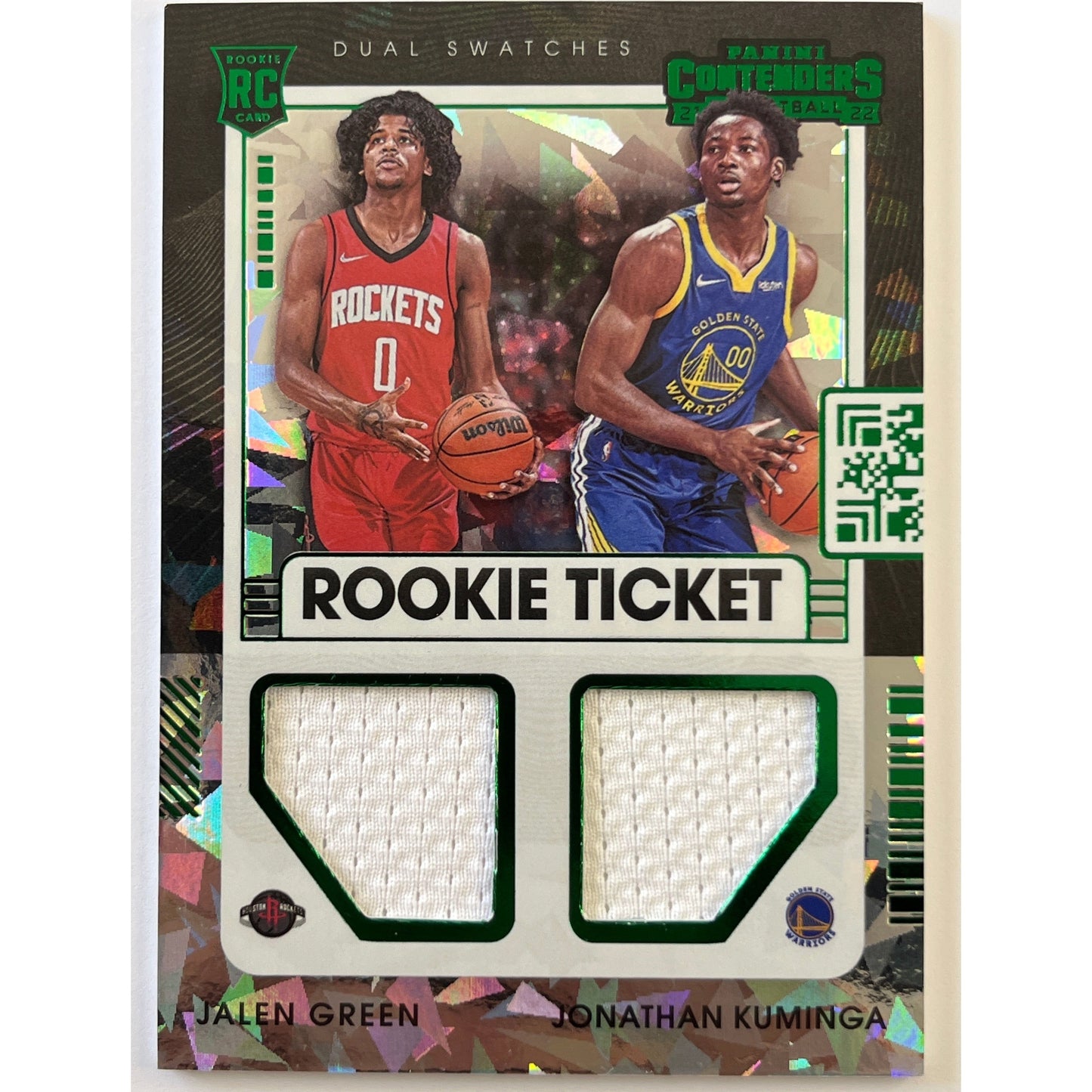 2021-22 Contenders Rookie Ticket Jalen Green / Jonathan Kuminga Rookie Dual Swatches Green Ice Holo