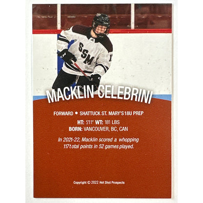 2022 Hot Shot Prospects Macklin Celebrini Pre RC