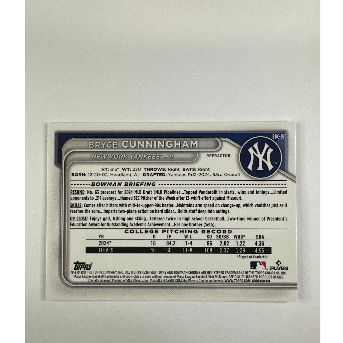 2024 Bowman Chrome Bryce Cunningham Bowman 1st Refractor