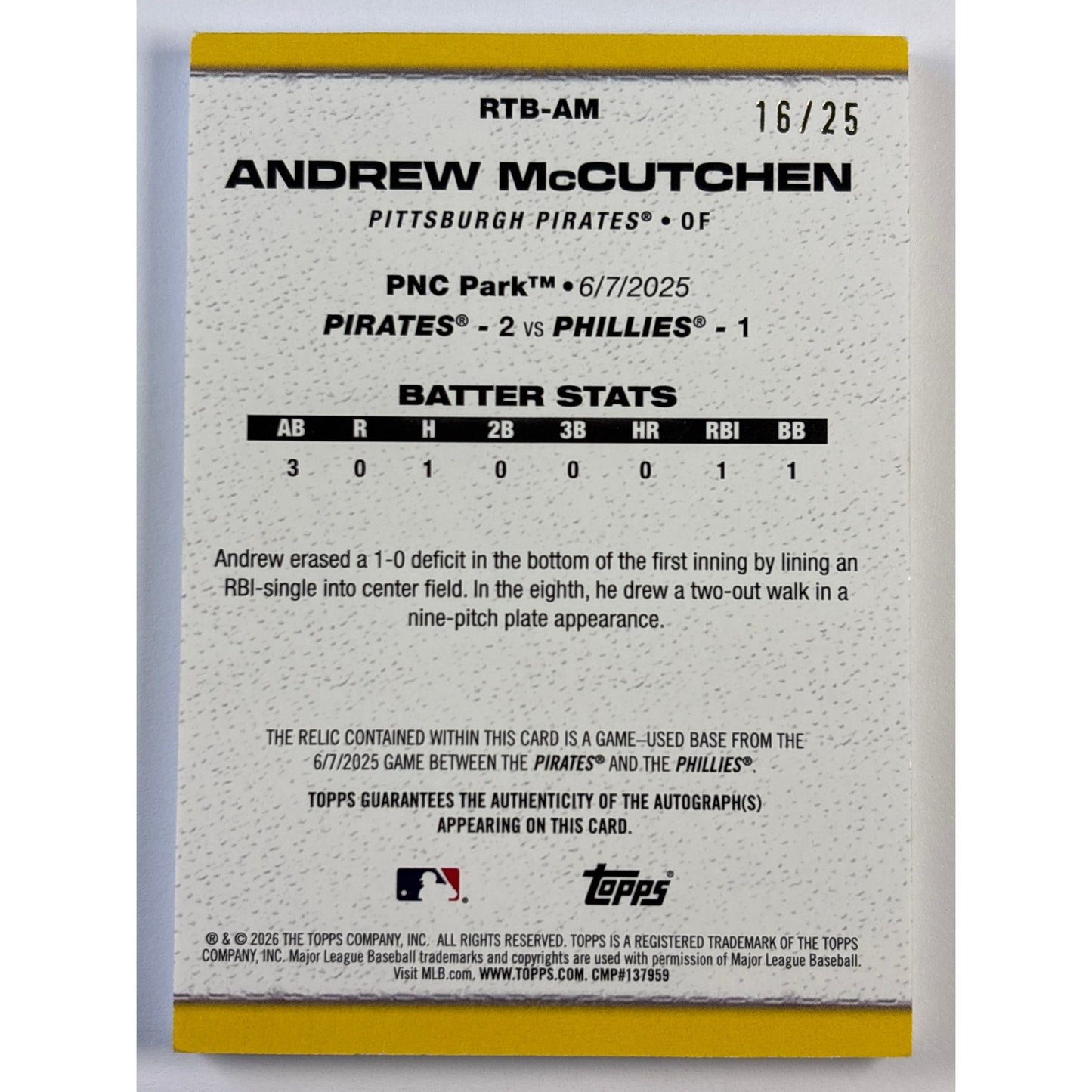 2026 Topps Series 2 Andrew McCutchen Game Used Plate Patch Auto /25