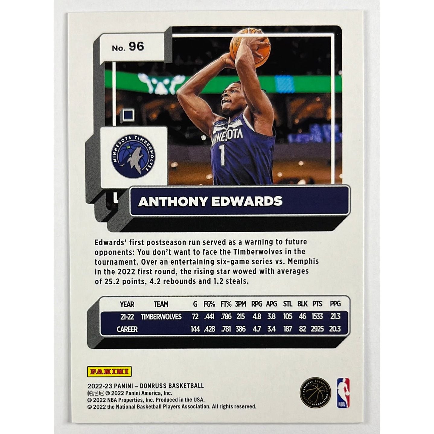 2022-23 Donruss Anthony Edwards Green Holo Laser