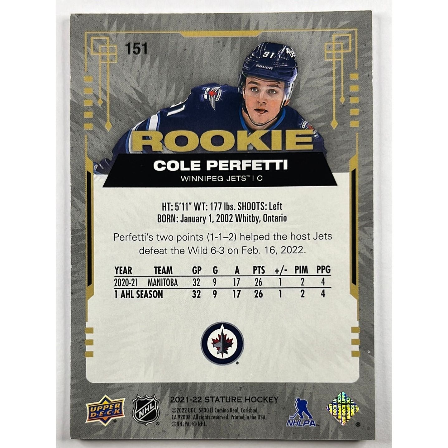 2021-22 Stature Cole Perfetti Red Rookie /75