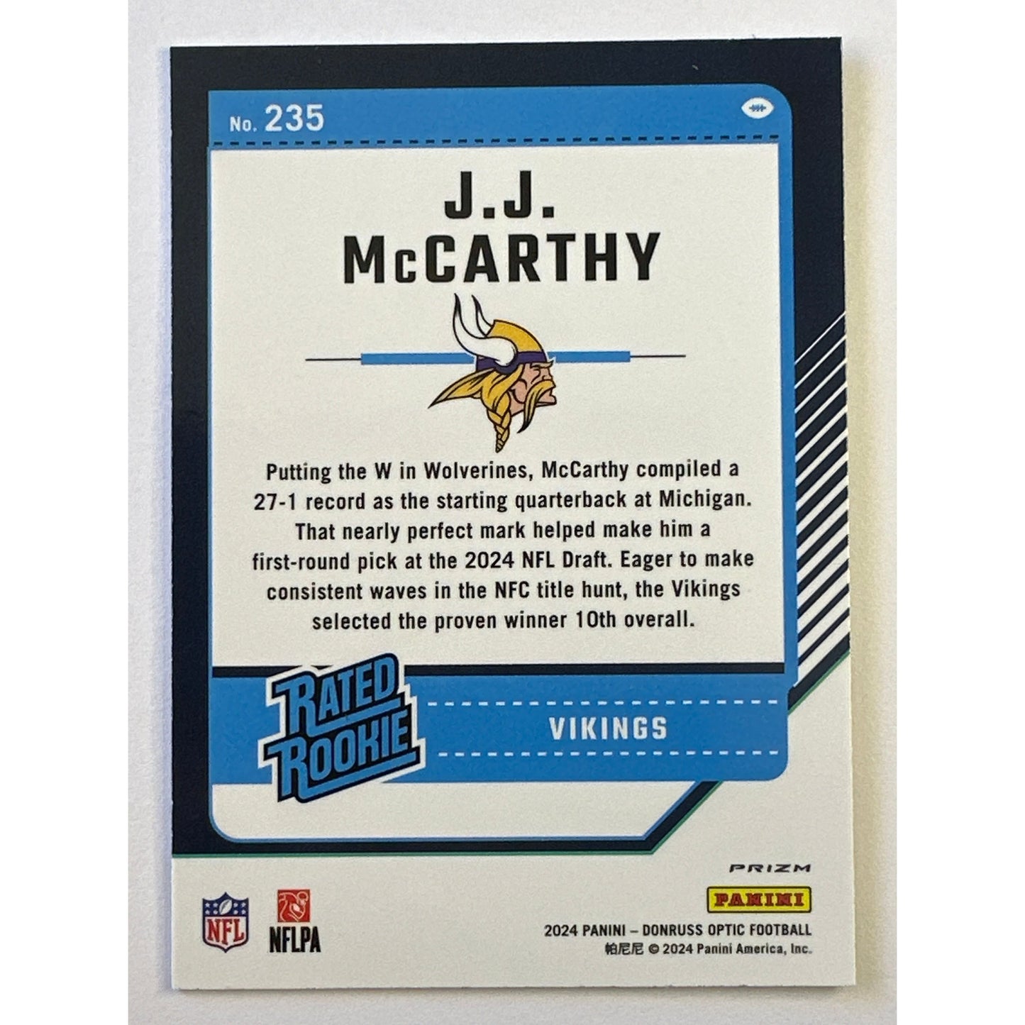 2024 Donruss Optic J.J. McCarthy Purple Shock Rated Rookie