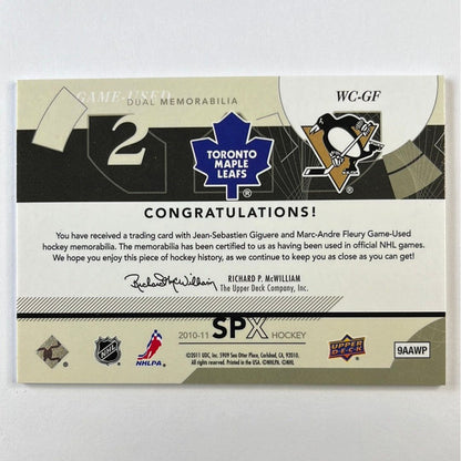 2010-11 SPX Game Used Marc-Andre Fleury / Jean-Sebastian Giguere Winning Combos Dual Game Used Patch
