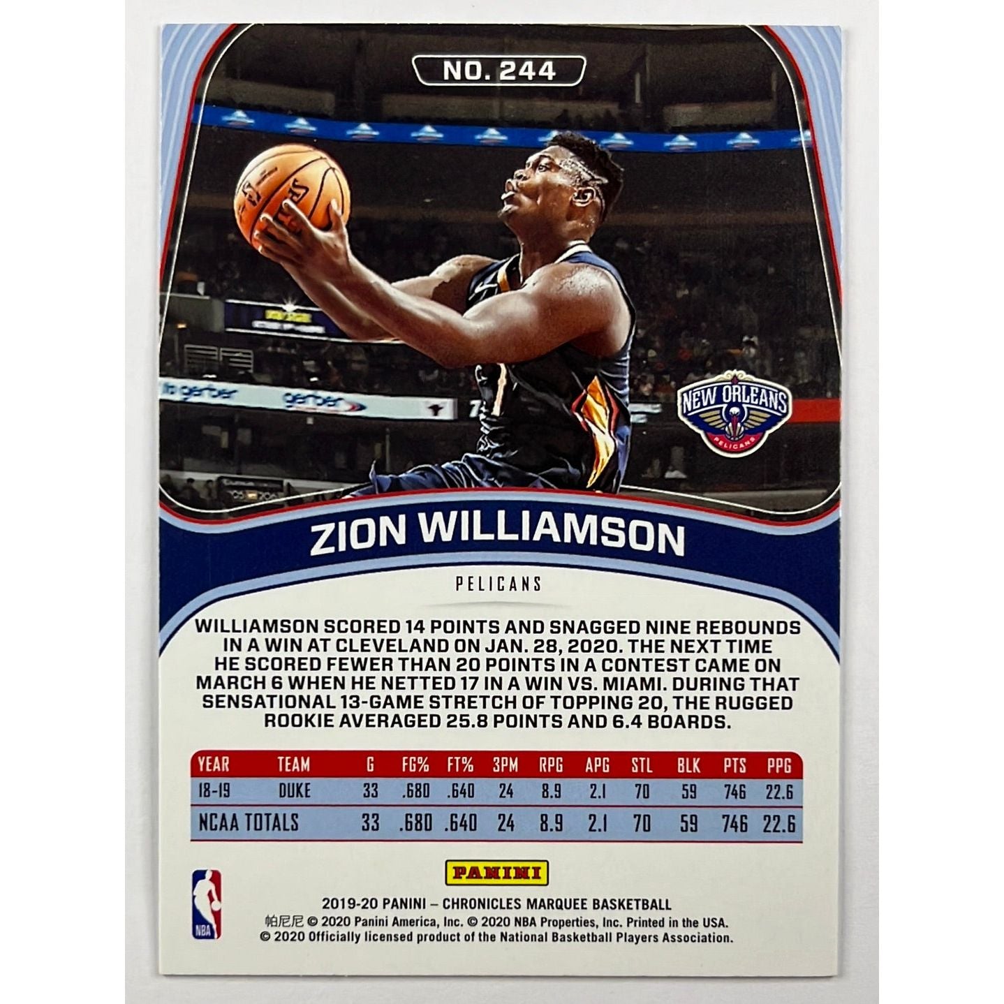 2019-20 Chronicles Zion Williamson Marquee Rookie