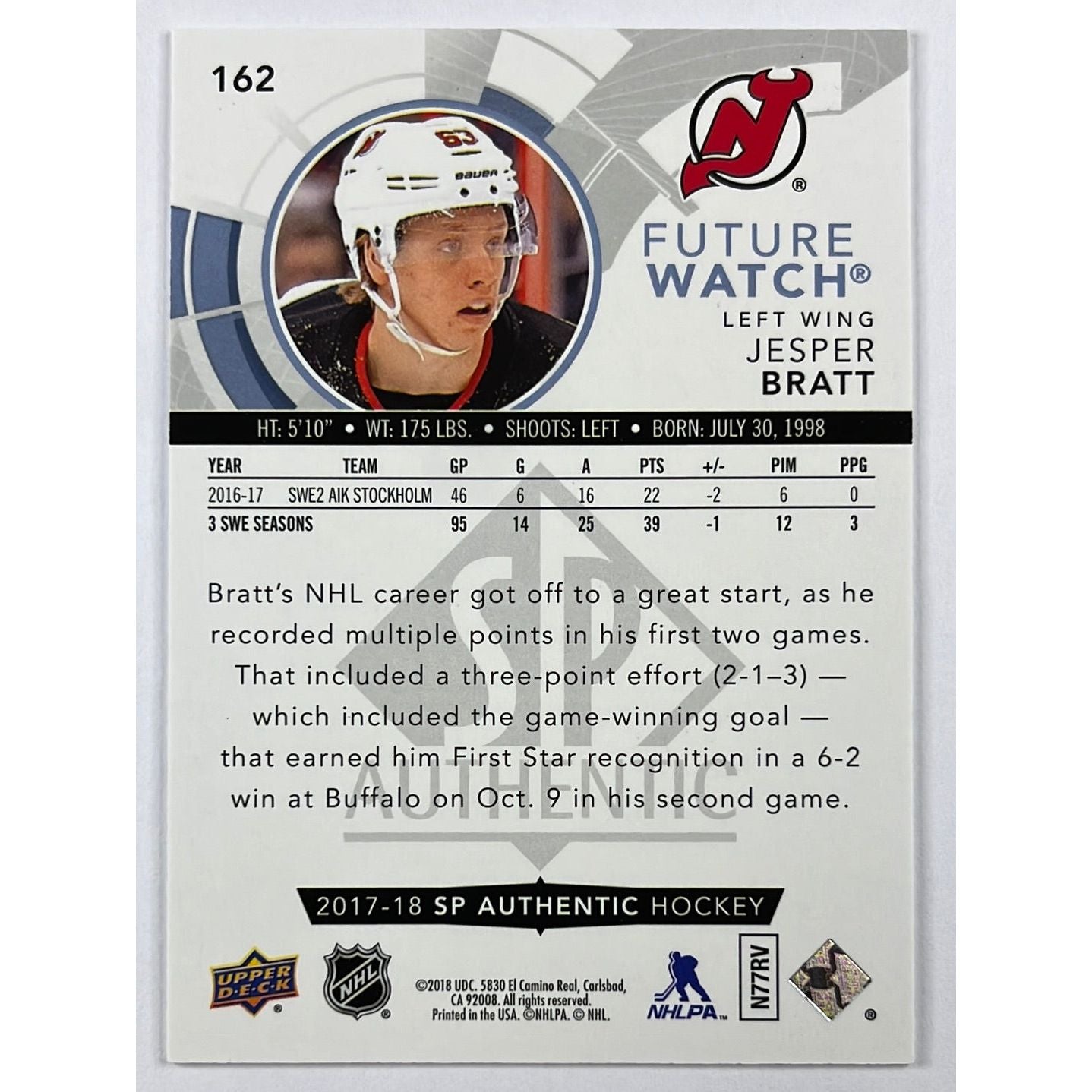 2017-18 SP Authentic Jesper Bratt Future Watch /999