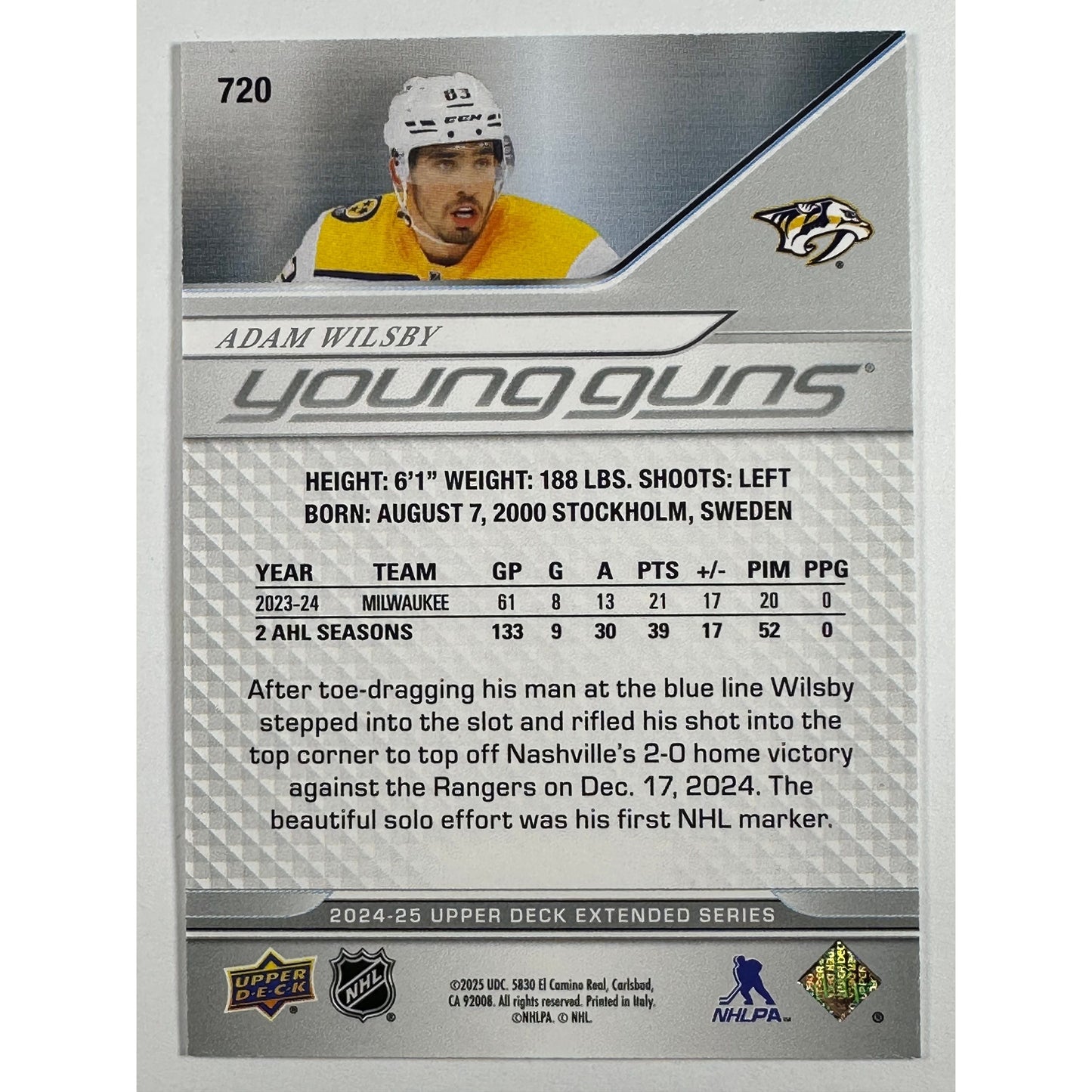 2024-25 Upper Deck Extended Series Adam Wilsby Young Guns Deluxe /250