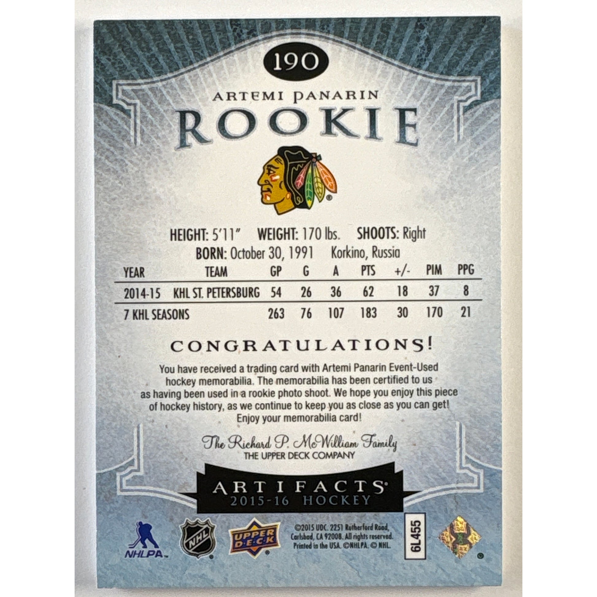 2015-16 Artifacts Artemi Panarin Emerald Dual Patch RC /199 | Local Legends Cards & Collectibles