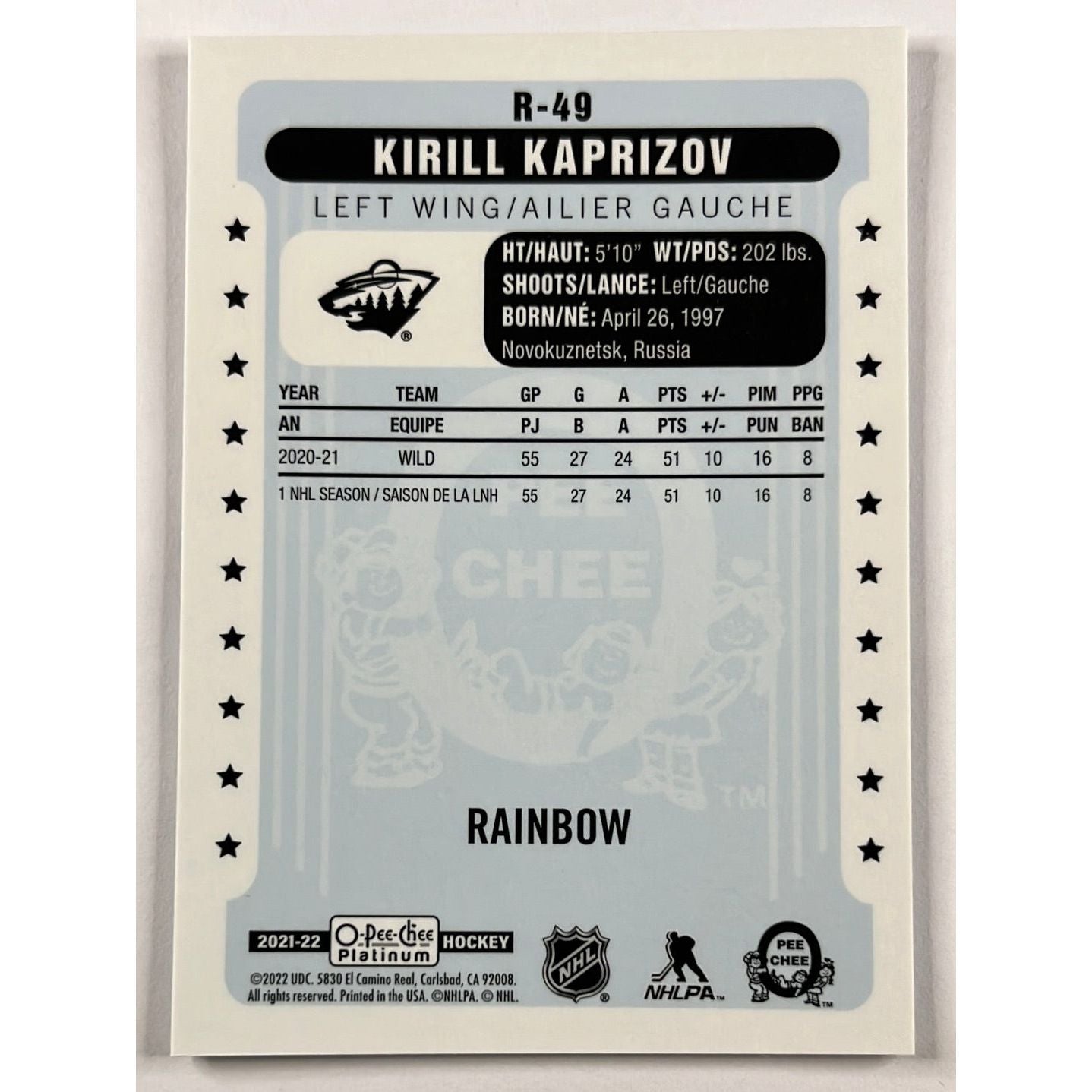 2021-22 OPC Platinum Kirill Kaprizov Rainbow