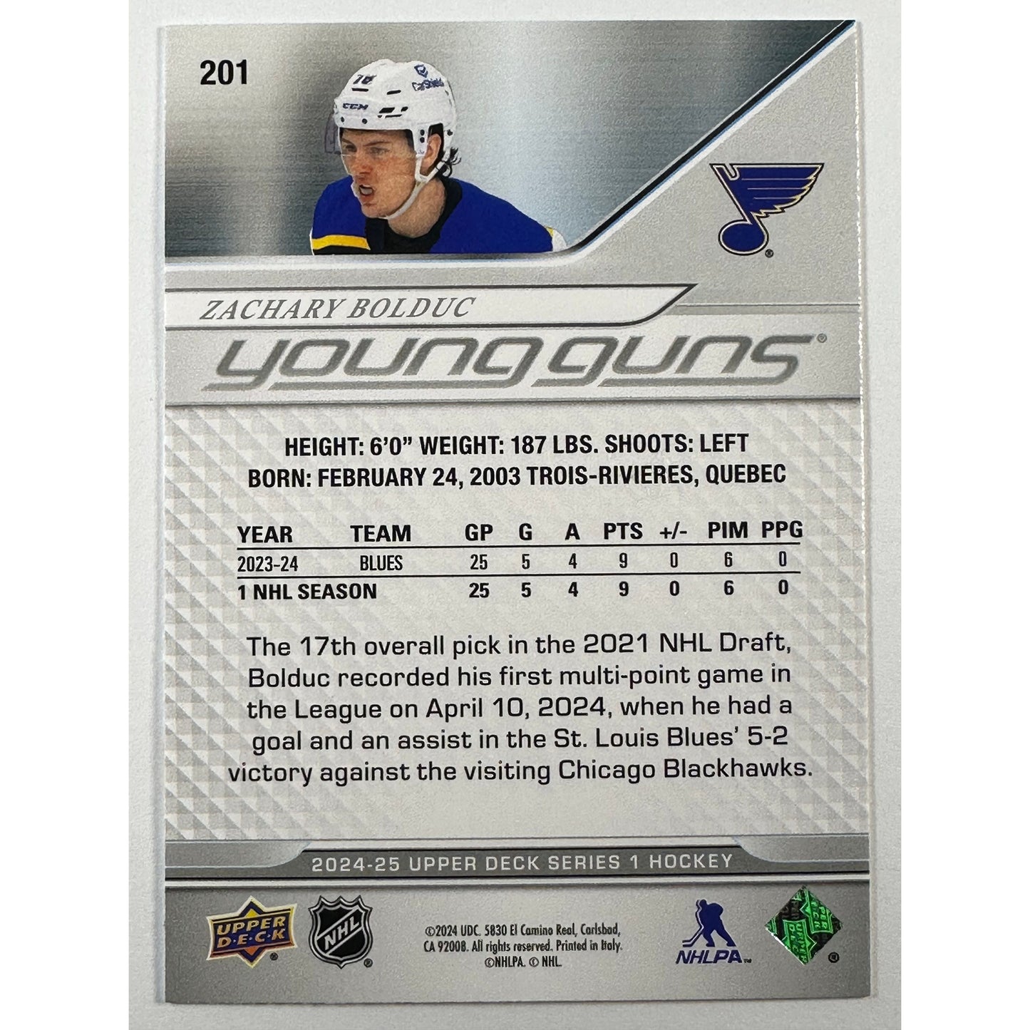 2024-25 Upper Deck Zachary Bolduc Young Guns