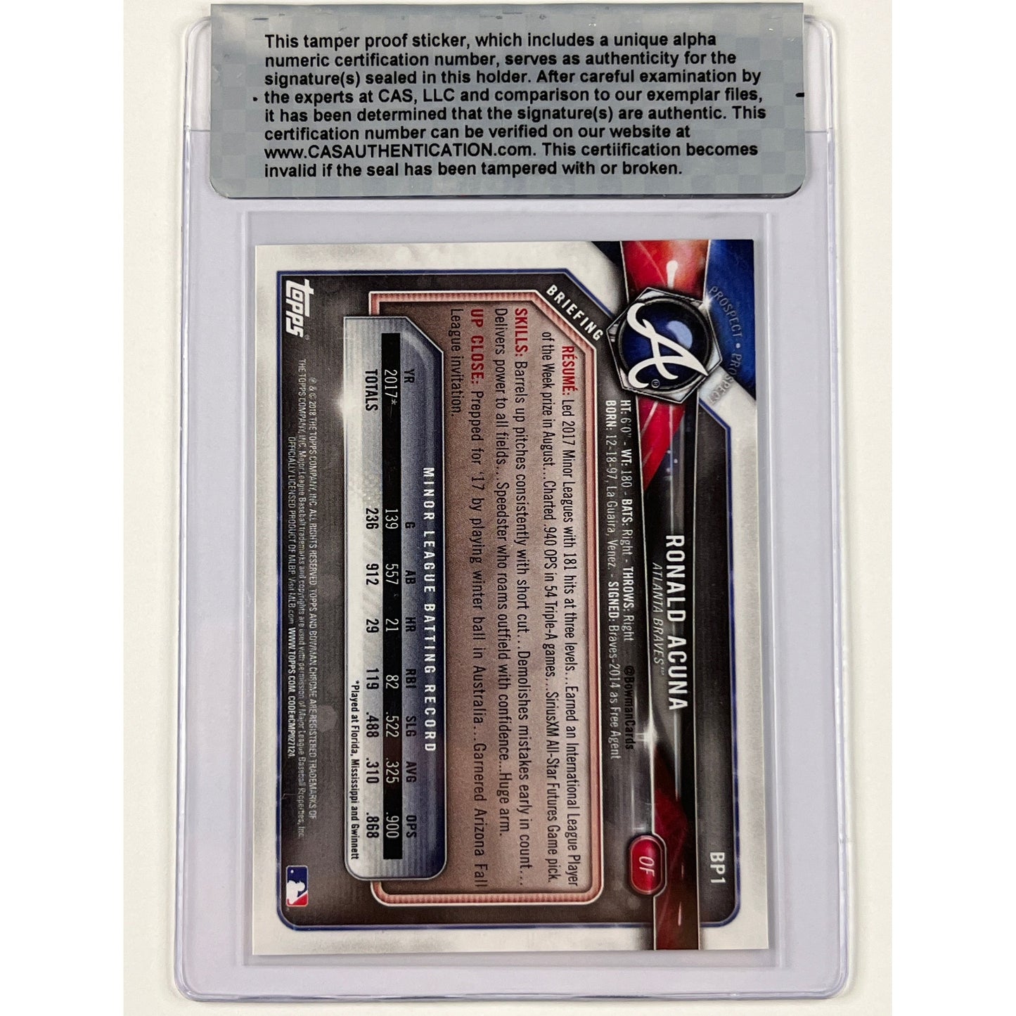 2018 Bowman Ronald Acuna Prospect RC Auto CAS Authenticated