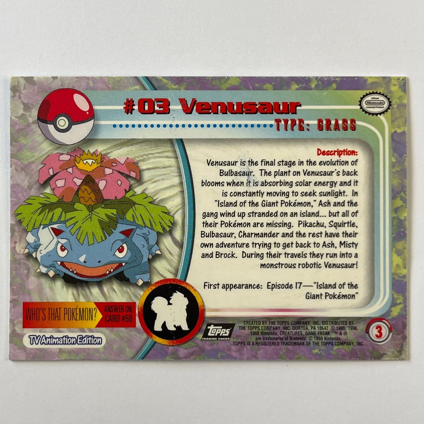 1999 Topps Venasaur Non Holo #3