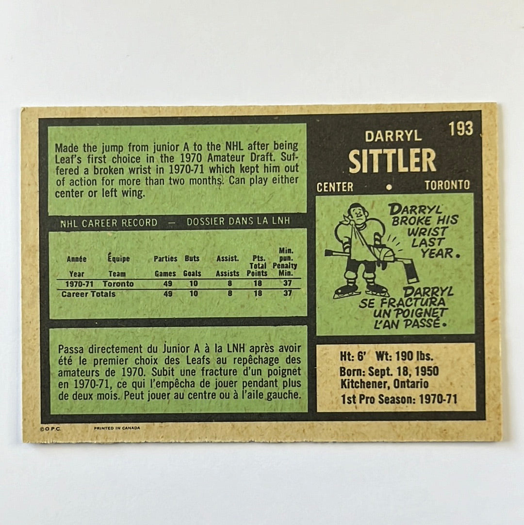 1971-72 O-Pee-Chee Darryl Sittler 2nd Year #193