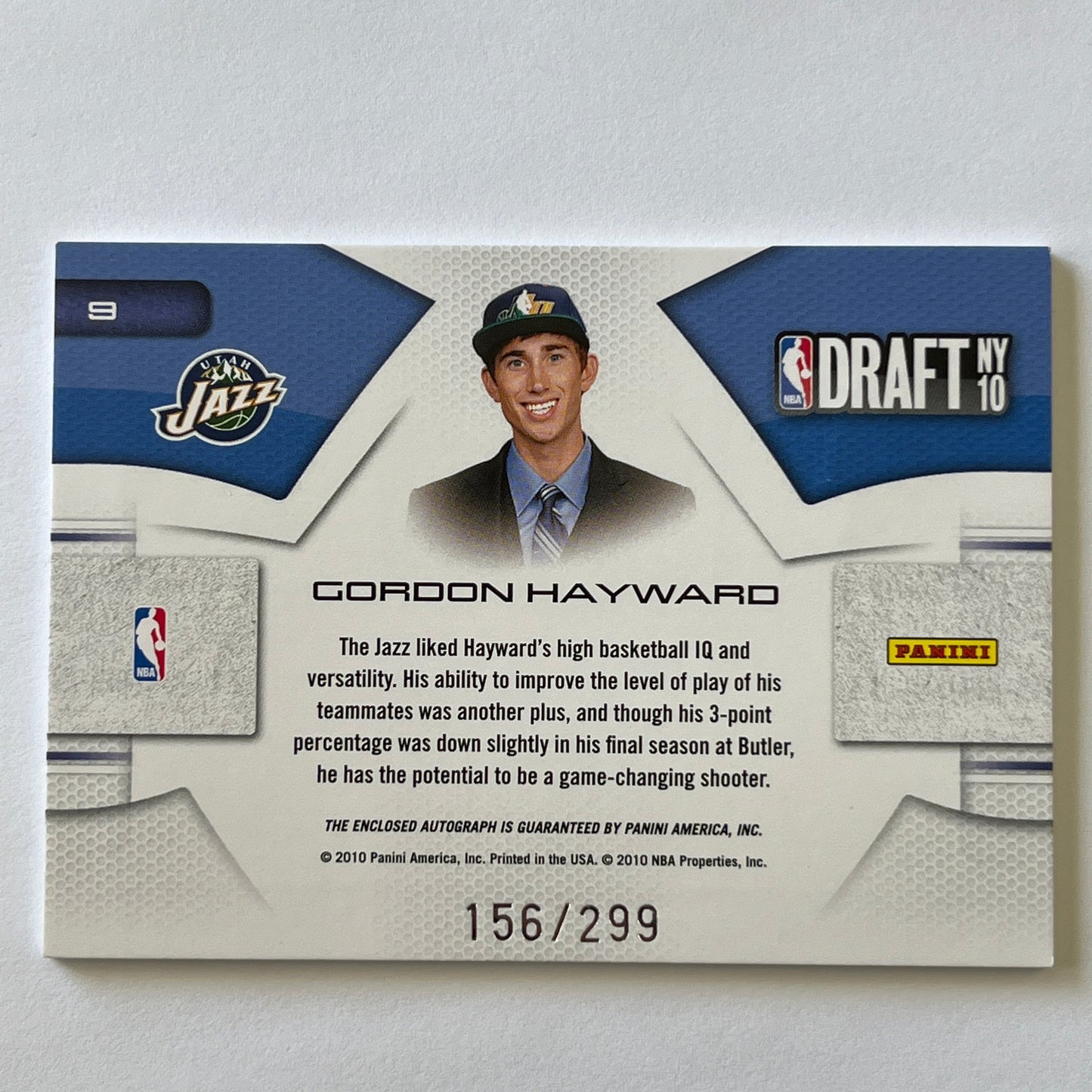2010-11 Prestige Gordon Hayward Draft Day NY Rookie Auto Patch /299