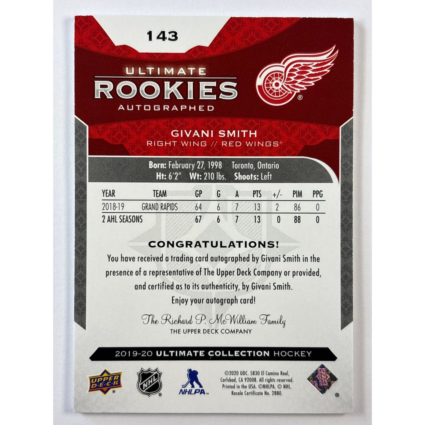 2019-20 Ultimate Collection Givani Smith Ultimate Rookies Autographed /299