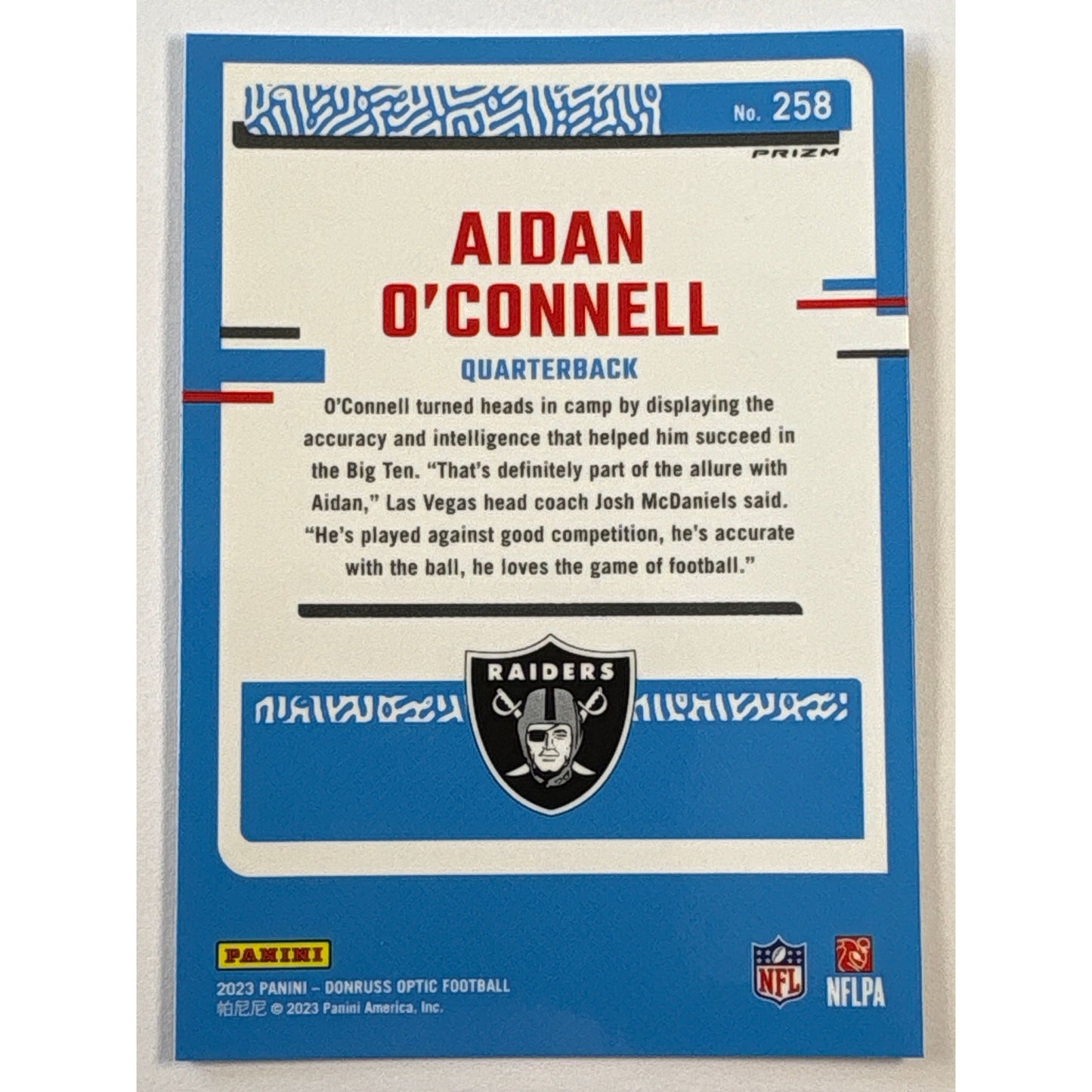 2023 Donruss Optic Aidan O’Connell Purple Shock Prizm Rated Rookie