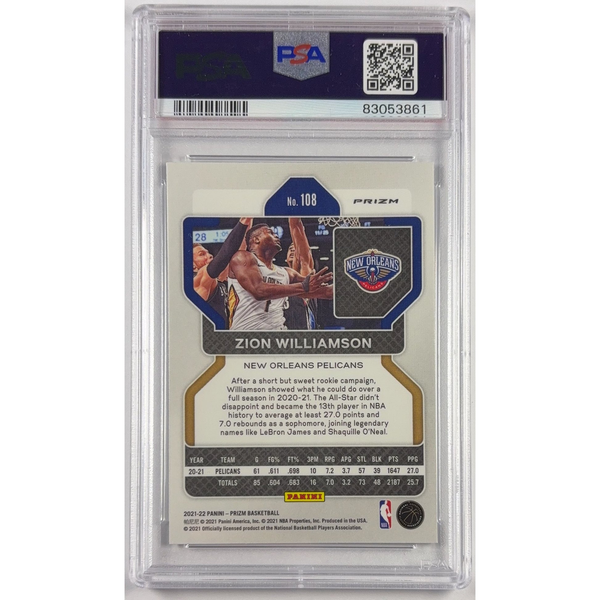 2021-22 Panini Prizm Zion Williamson Silver Cracked Ice Prizm PSA 9 MINT | Local Legends Cards & Collectibles