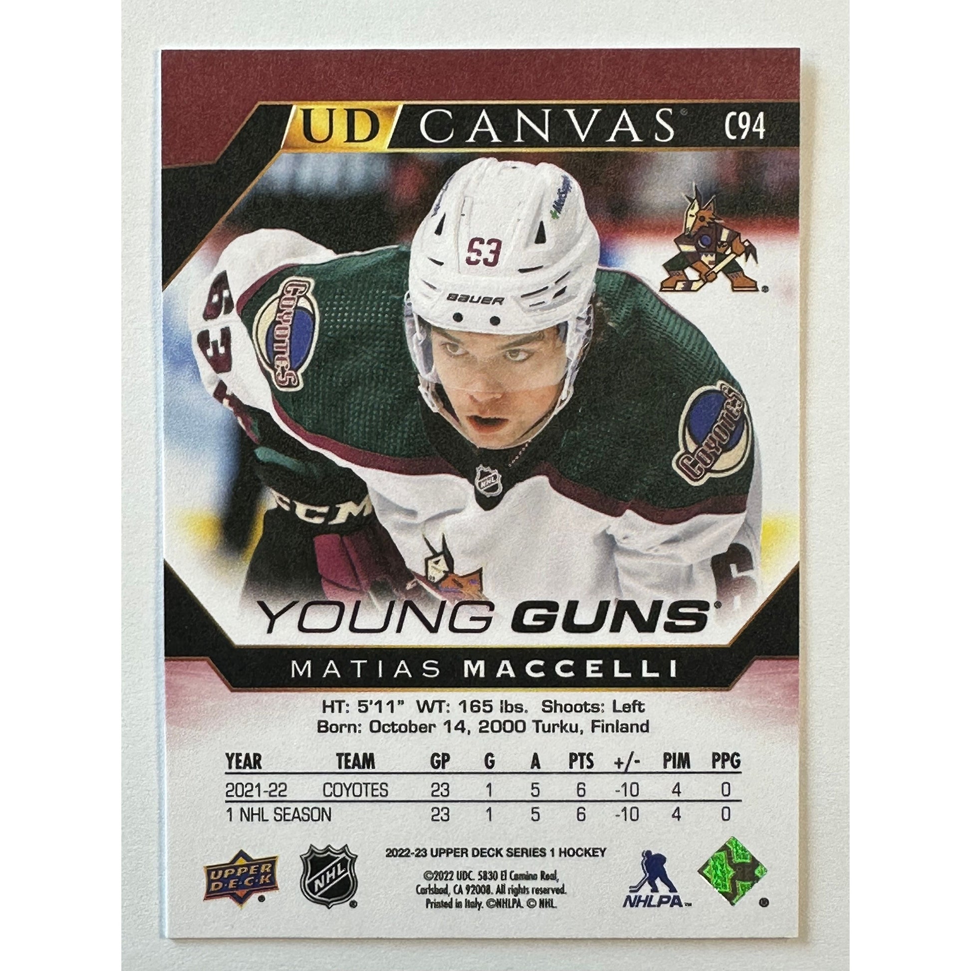 2022-23 Upper Deck Series 1 Matias Macceli UD Canvas Young Guns | Local Legends Cards & Collectibles