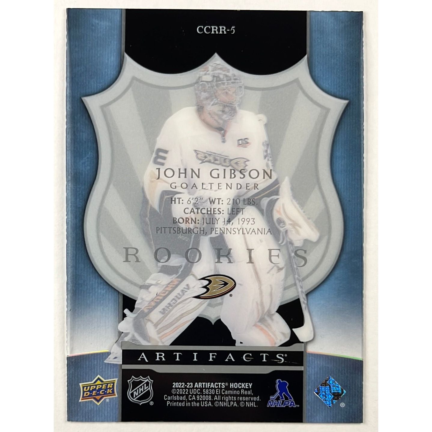 2022-23 Artifacts John Gibson 2005-06 Acetate Rookies SP