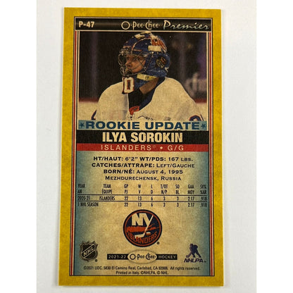 2021-22 O-Pee-Chee Ilya Sorokin Yellow Border Tall Boy Rookie Card