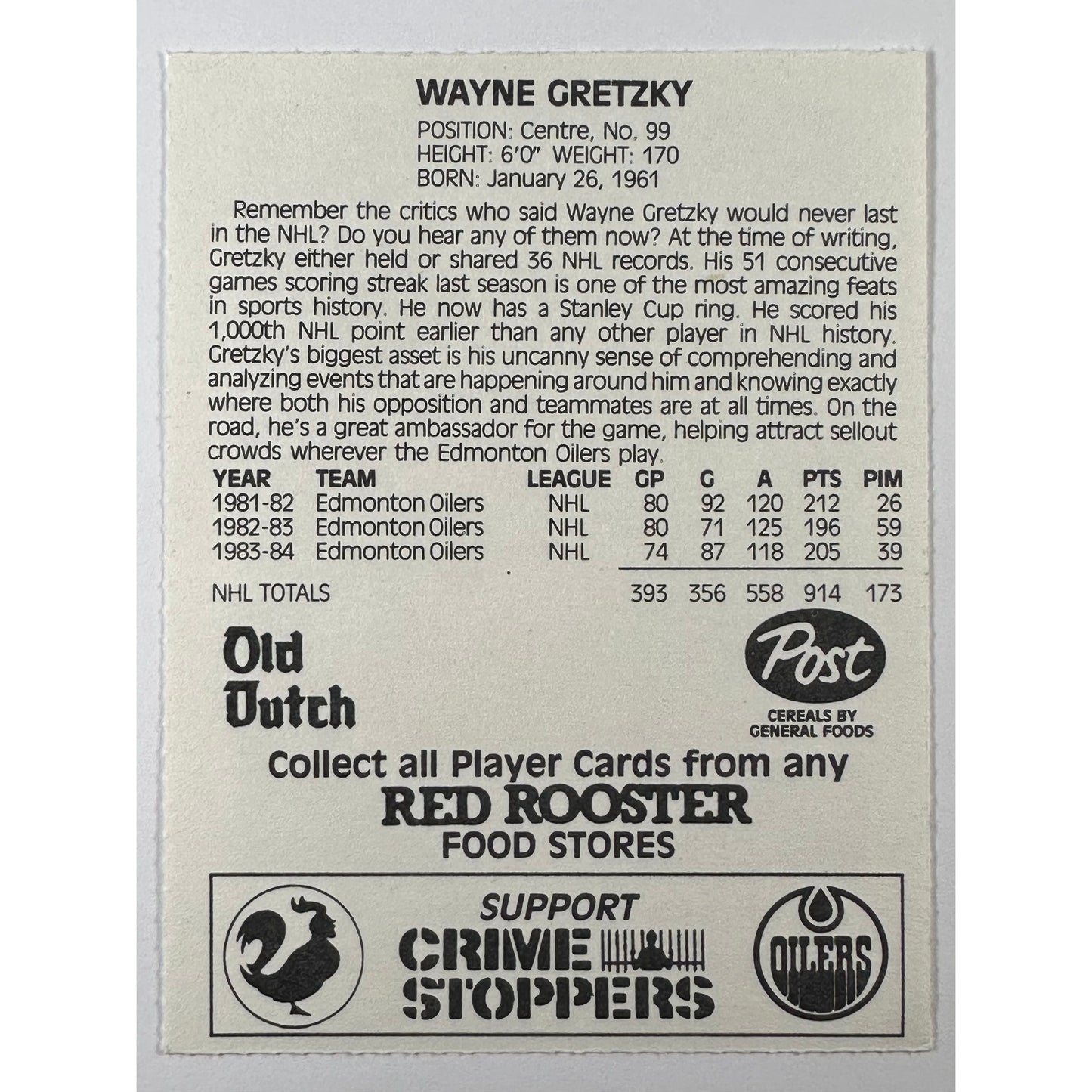 1984-85 Post Cereal Wayne Gretzky Promo