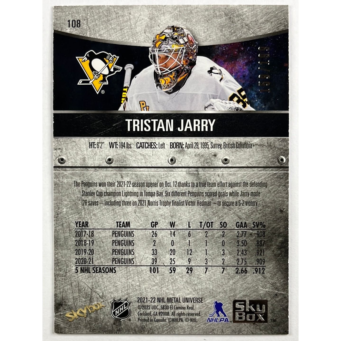 2021-22 Metal Universe Tristan Jarry Purple Spectrum /199