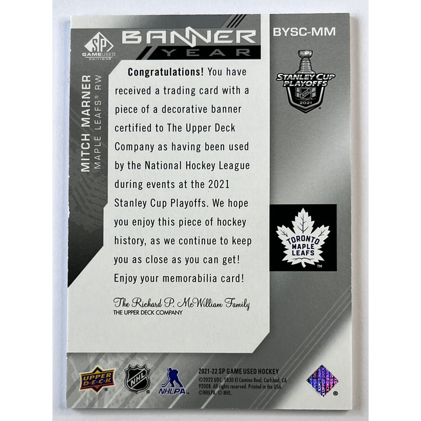 2021-22 SP Game Used Mitch Marner Banner Year Playoff Patch