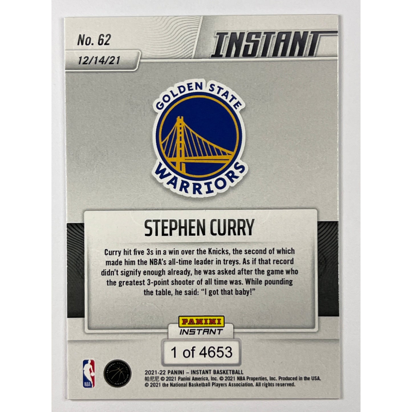2021-22 Panini Instant Stephen Curry “I Got That Baby” /4653