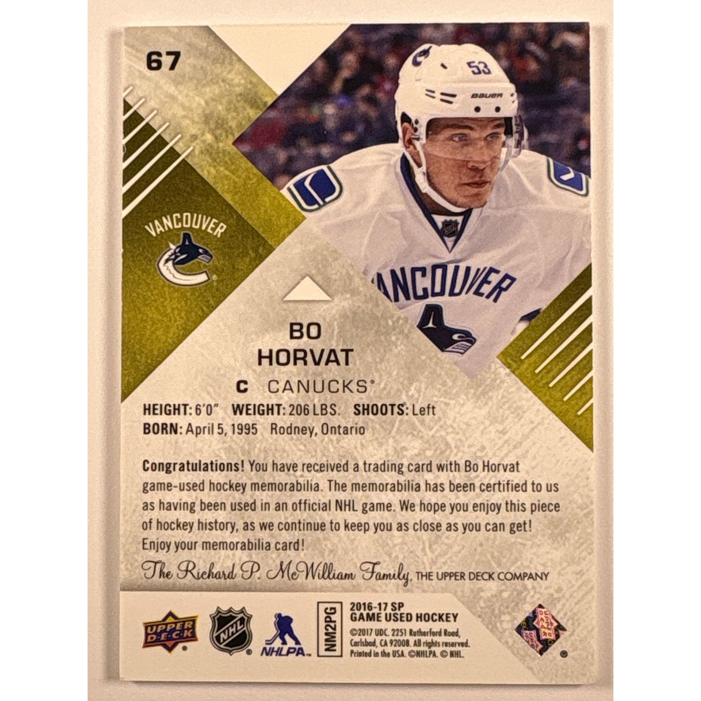 2016-17 SP Game Used Bo Horvat Game Jersey Patch