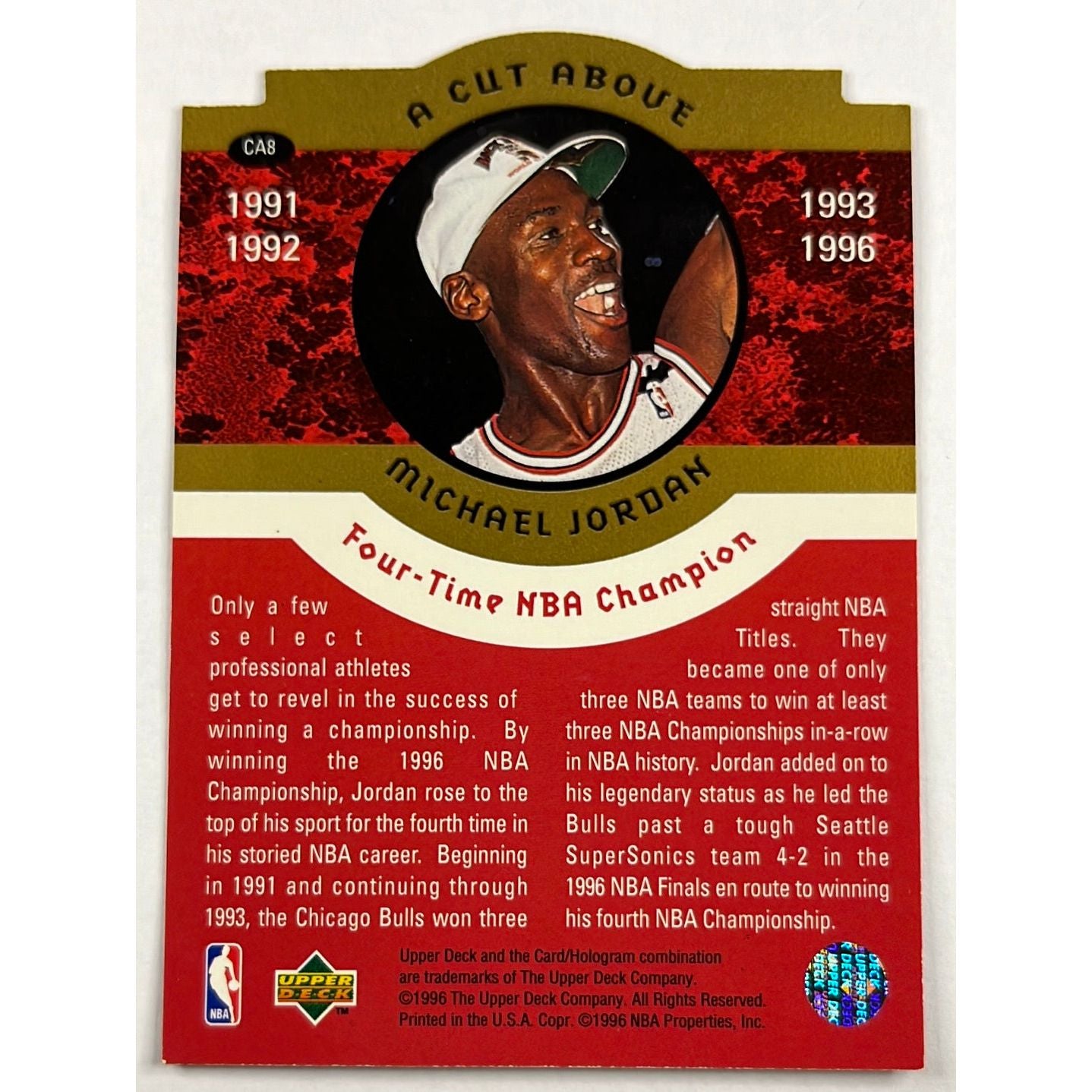1995-96 Upper Deck Michael Jordan The Jordan Years Four Time NBA Finals Champion A Cut Above Die Cut
