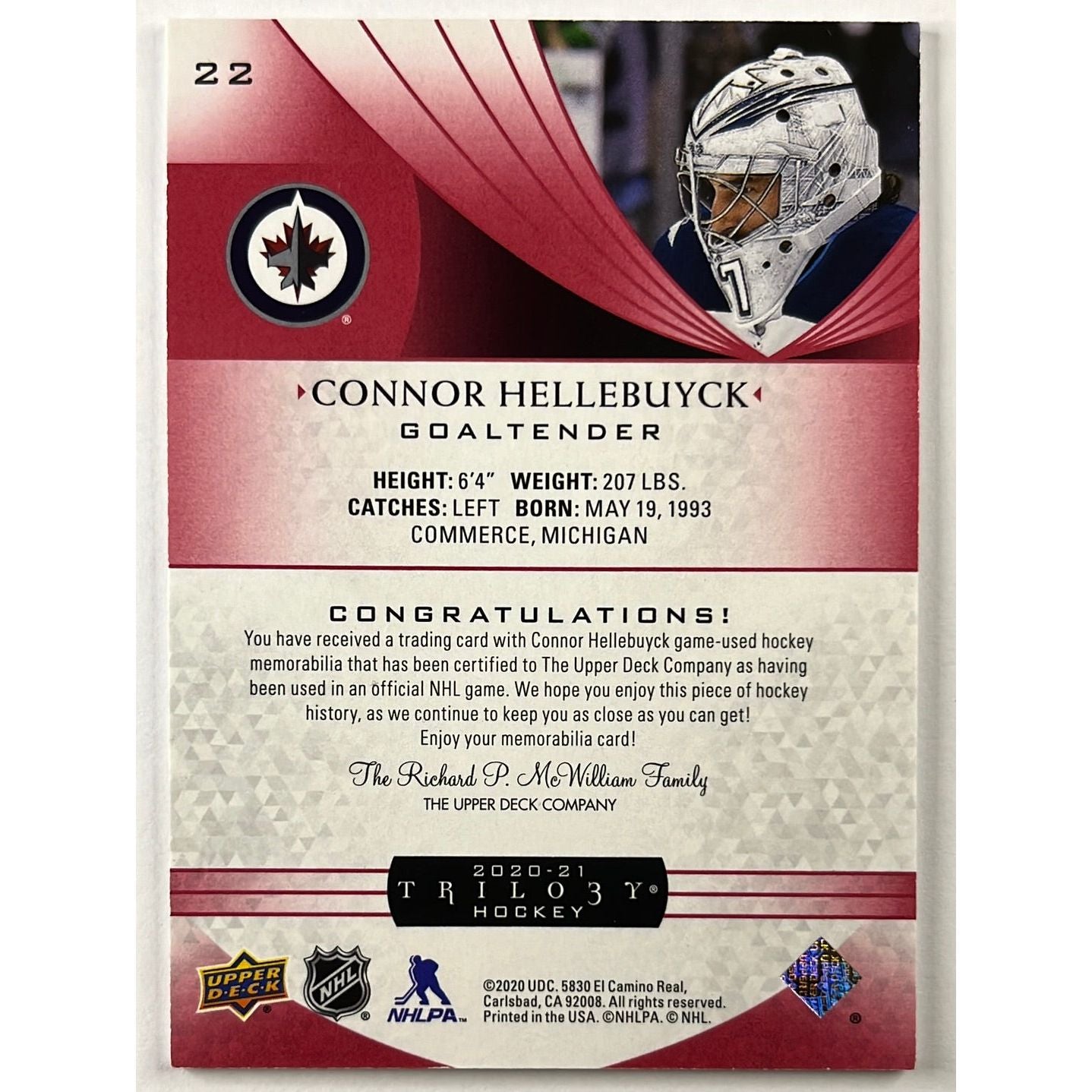 2020-21 Trilogy Connor Hellebuyck Red Foil Game Used Memorabilia