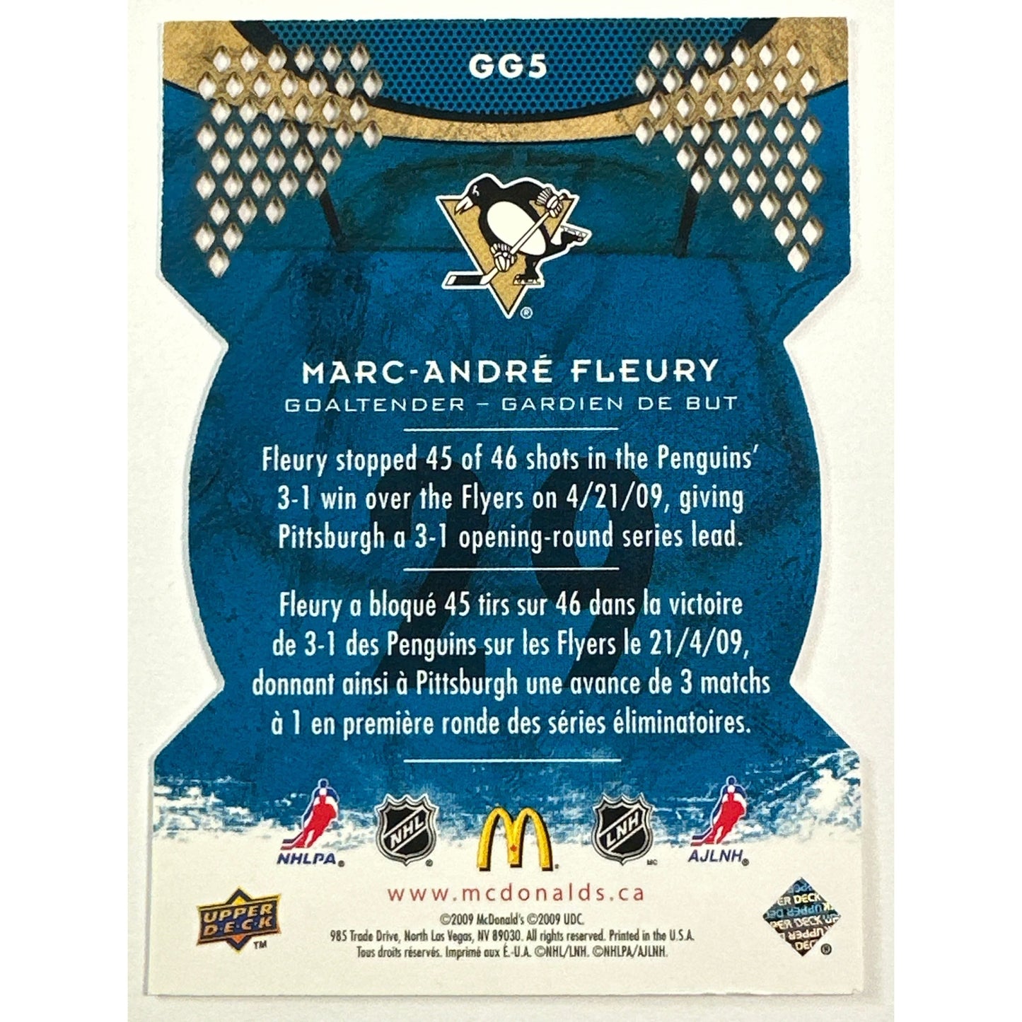 2009 McDonalds Marc Andre Fleury Goaltending Greats Die Cut
