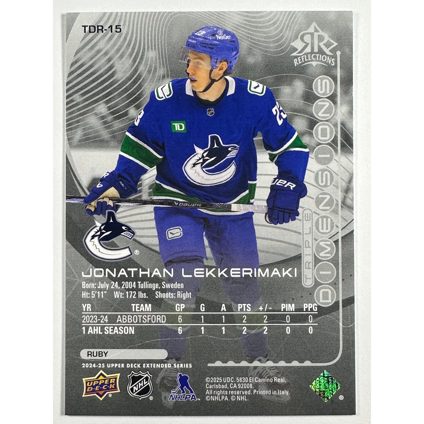 2024-25 Upper Deck Extended Series Jonathan Lekkerimaki Rookie Reflections /500