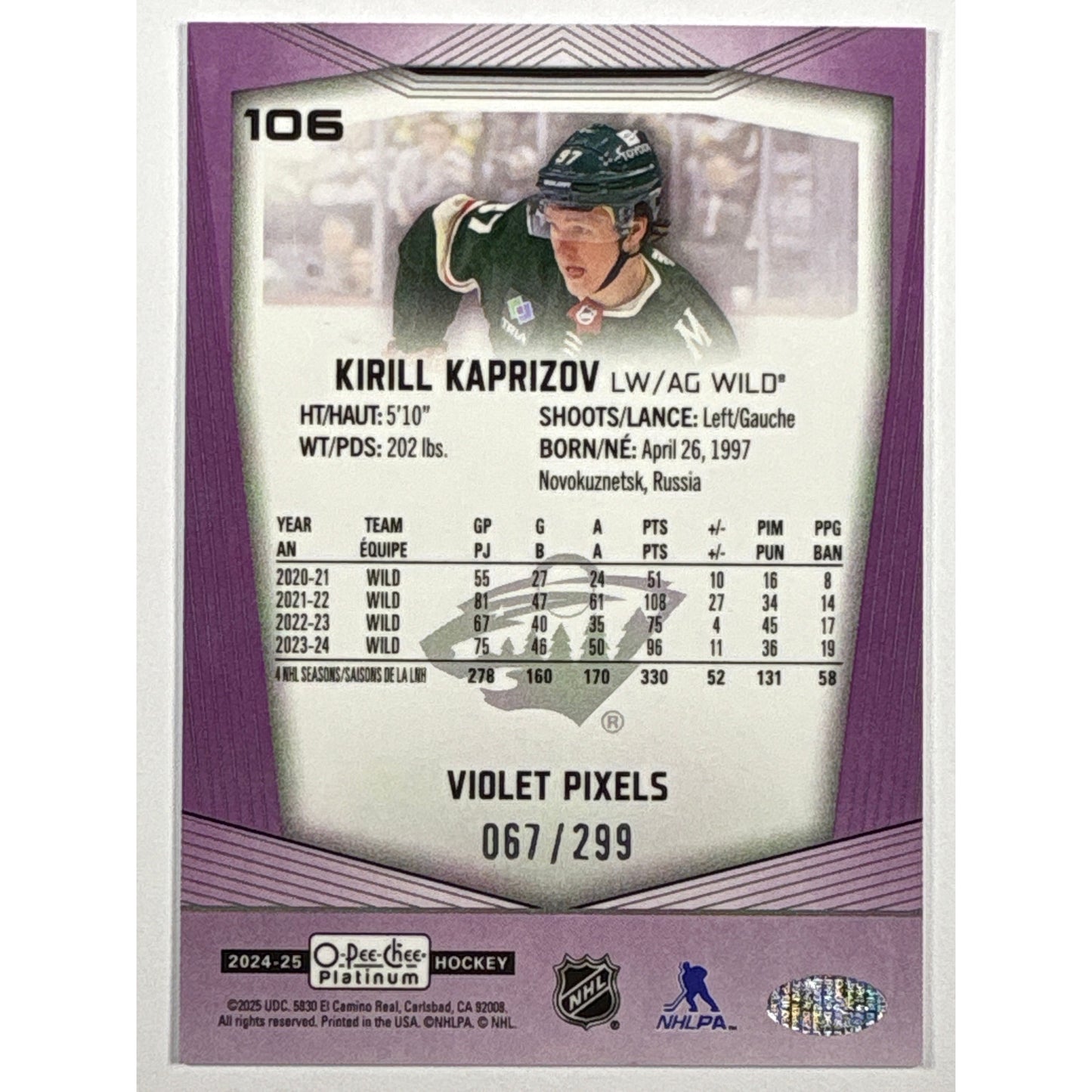 2024-25 O-Pee-Chee Platinum Kirill Kaprizov Violet Pixels /299