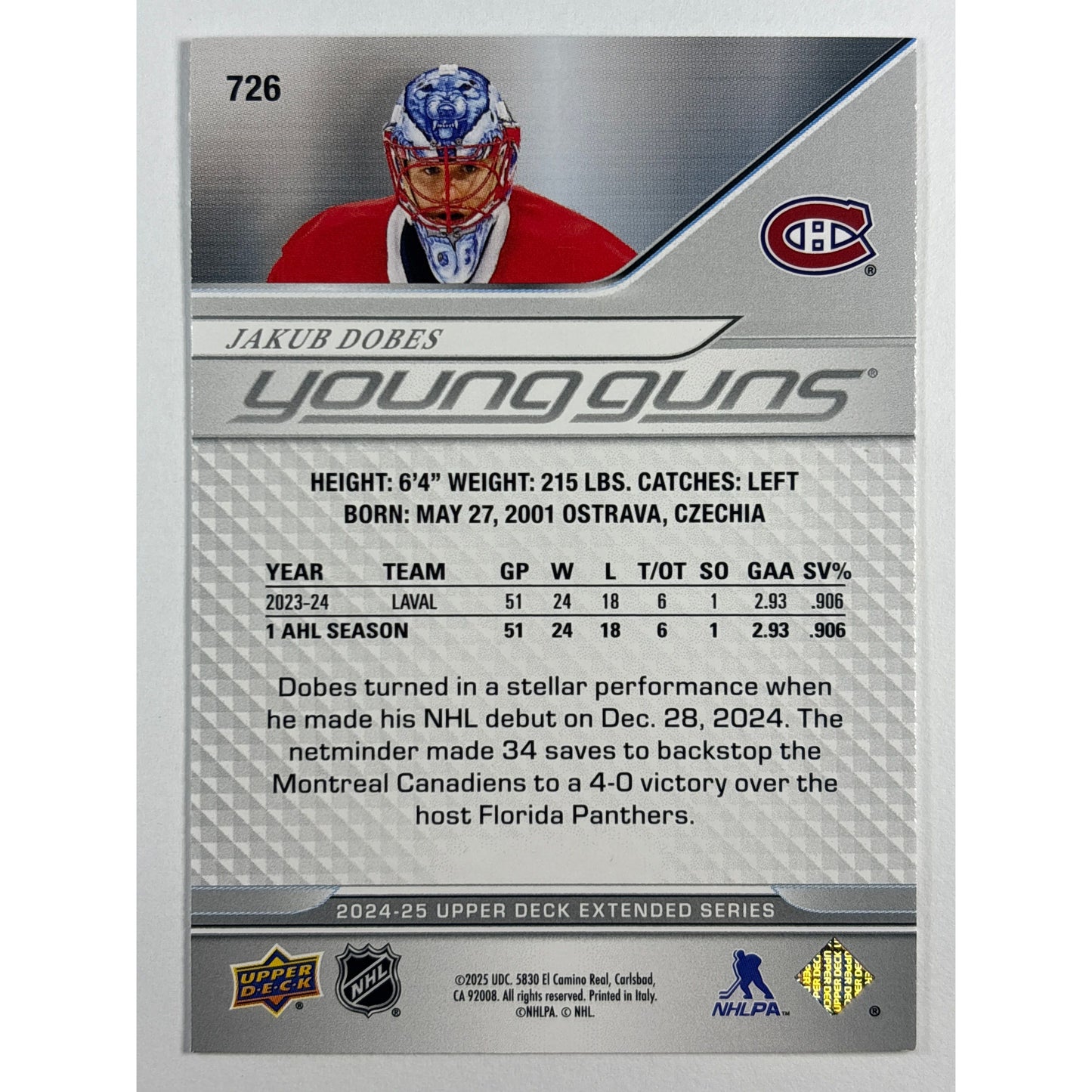 2024-25 Upper Deck Extended Series Jakub Dobes Young Guns | Local Legends Cards & Collectibles