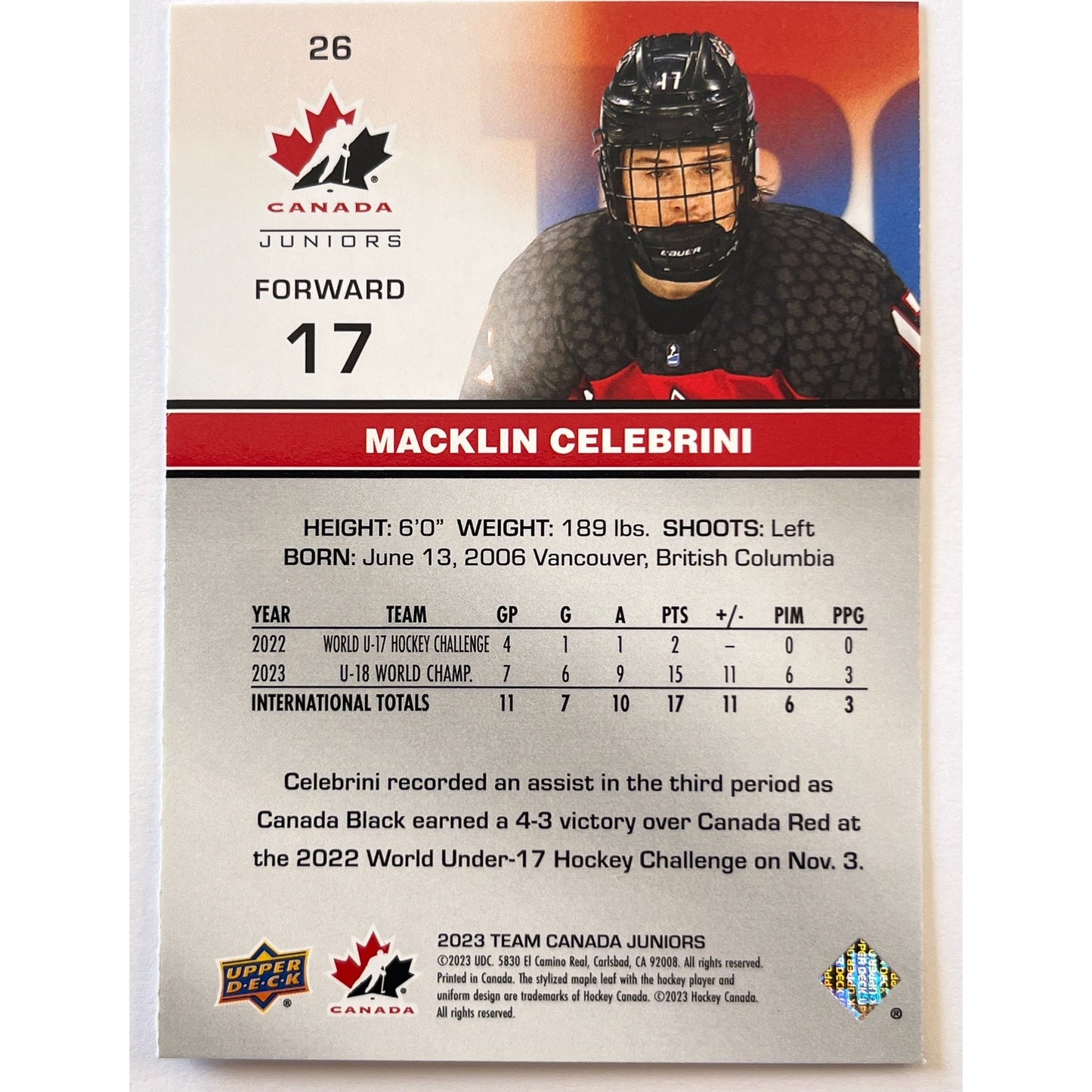 2023 Team Canada Juniors Macklin Celebrini Pre RC
