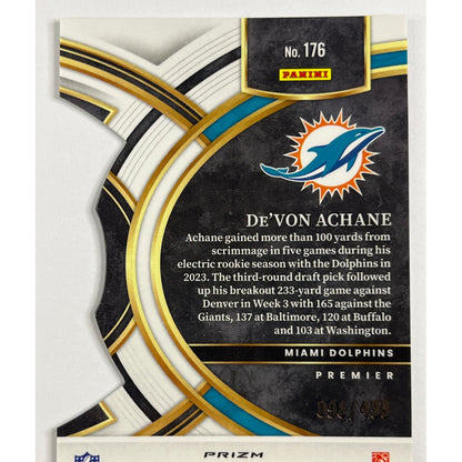 2023 Select De’von Achane Premier Level Lime Green Prizm Die Cut RC /499