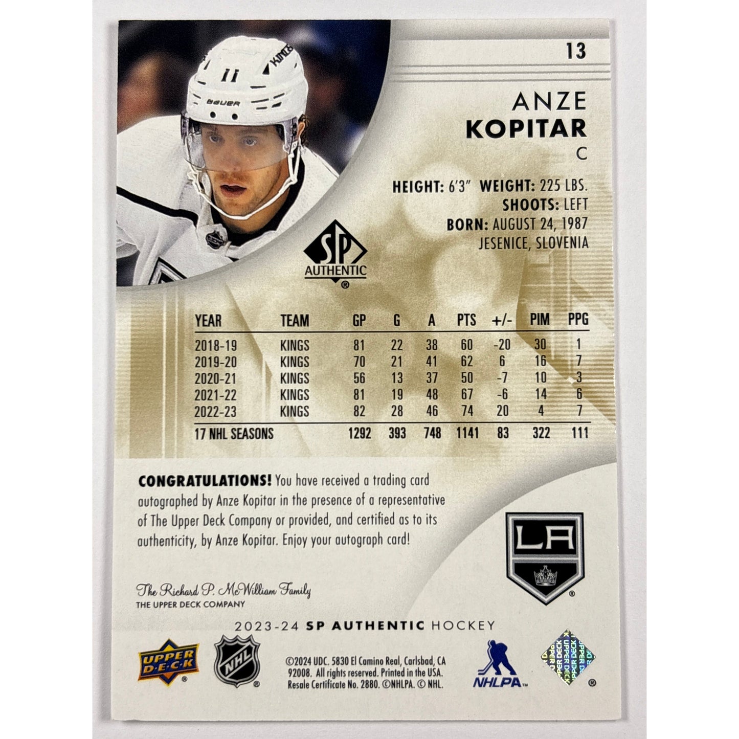2023-24 SP Authentic Anze Kopitar Limited Auto