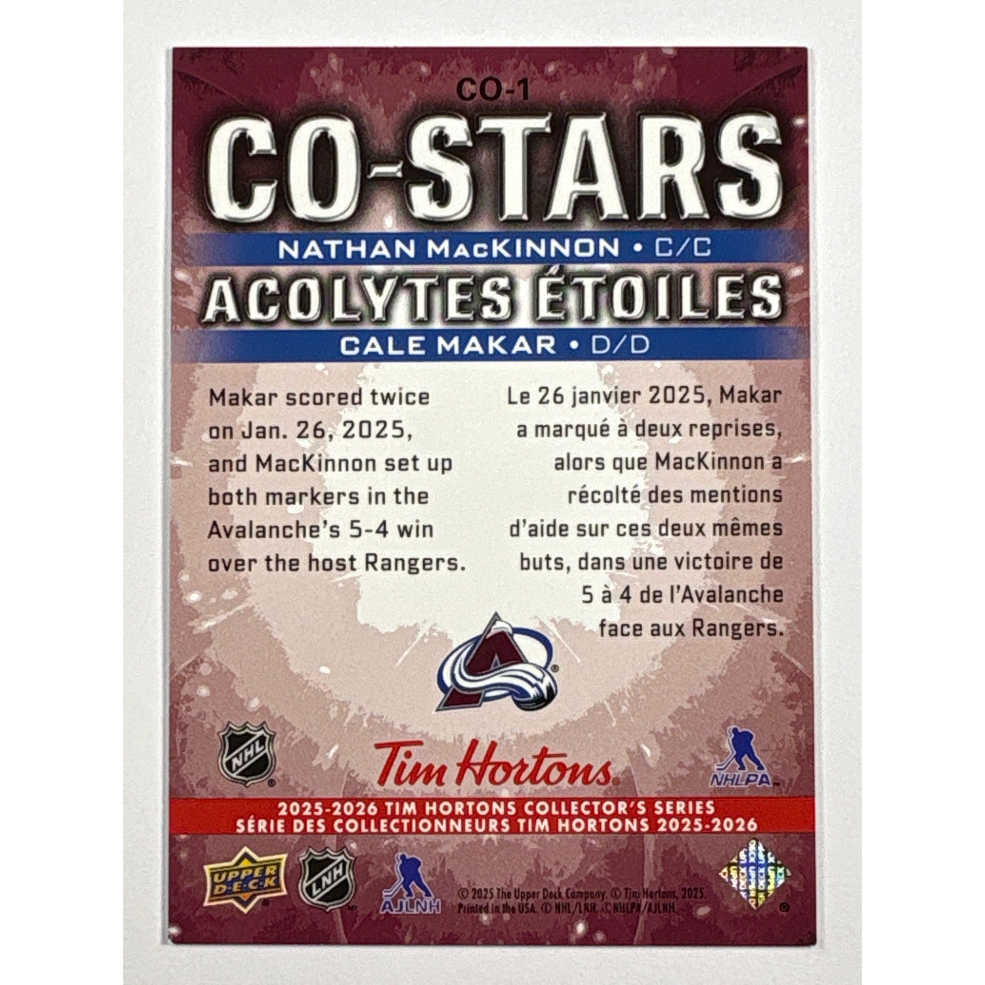 2025-26 Tim Hortons Cale Makar / Nathan MacKinnon Co-Stars Lenticular | Local Legends Cards & Collectibles