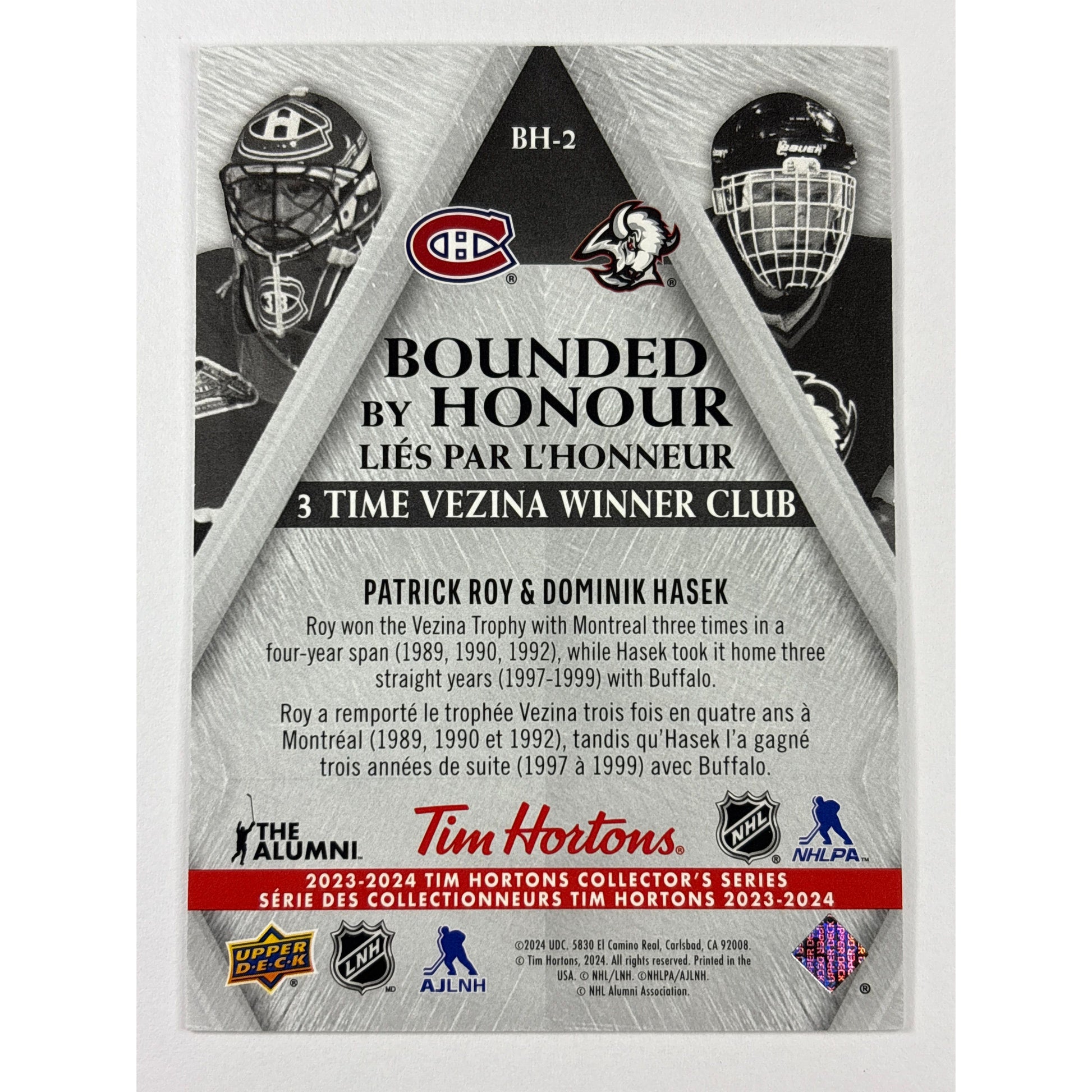 2023-24 Tim Hortons Collector Series Patrick Roy / Dominik Hasek Bounded By Honour SSP | Local Legends Cards & Collectibles