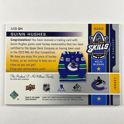 2020-21 SP Game Used Quinn Hughes All Star Skills Relics /150