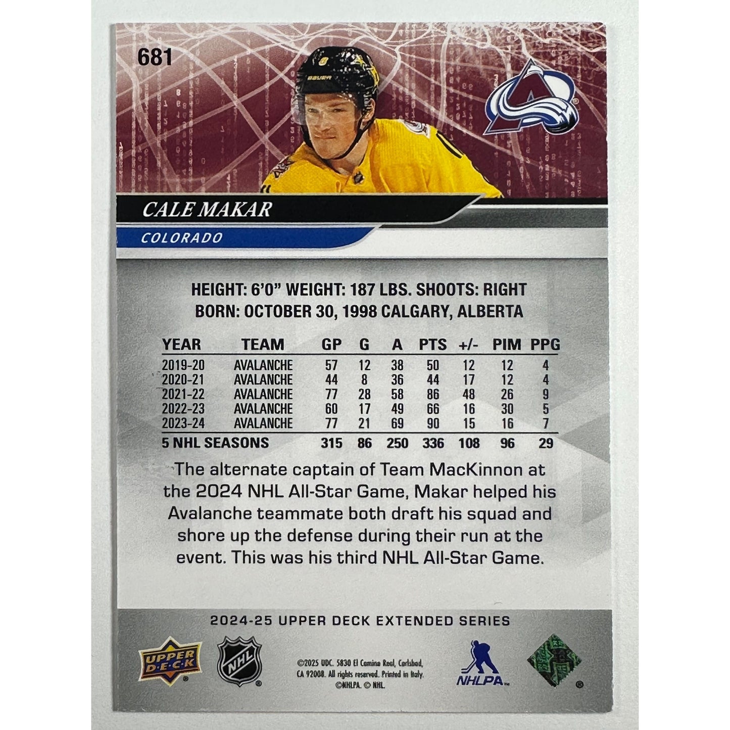 2024-25 Upper Deck Extended Series Cale Makar Deluxe /250